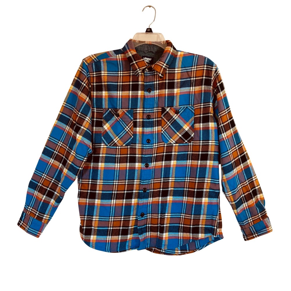 Lands' End Heavyweight Rugged Flannel Work Shirt Plaid Blue Orange (Size M)